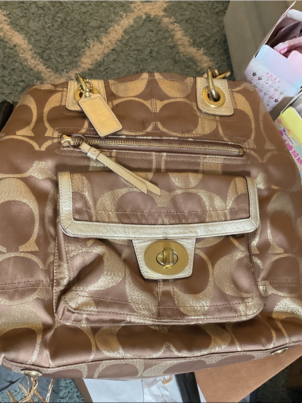 Coach Metallic Brown Signature Shoulder Bag with Gold Accents